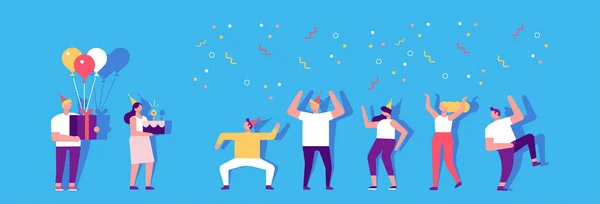 Festa Aniversário Com Bolo Balões Coloridos Pessoas Dançando Divertindo Amizade — Vetor de Stock