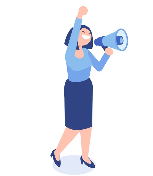 Young Woman Loudspeaker Business Woman Vector Isometric Illustration White Background — 스톡 벡터