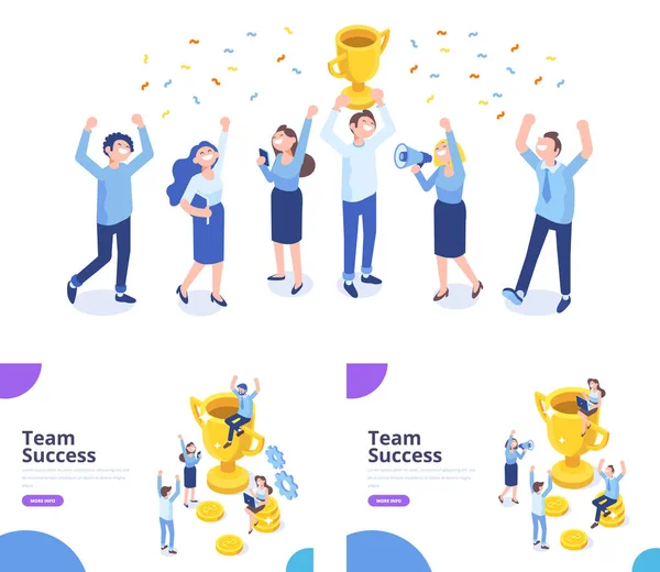 Business people celebrating victory. Team Success isometric vector illustration. Man sitting on the gold winner cup, happy people raising their hands. Vector illustration on white background