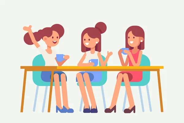 Young Women Girls Friends Sitting Drinking Coffee Cafe Having Fun — Stock Vector