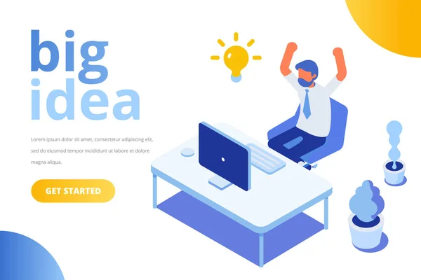 大きな電球のアイデアを持つアイソメトリックビジネスマン 座ってコンピュータで作業している男 創造性 ブレーンストーミング ベクトルイラストレーション — ストックベクタ