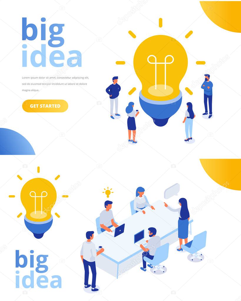 Isometric business people with big Light Bulb Idea. People working together on new Project. Creativity, Brainstorming, Innovation concept. Flat Vector illustration.