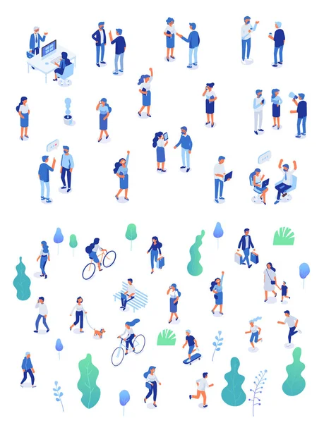 Arka planda izometrik insan karakterleri. Açık hava aktivitesi. Park. Ofiste iş adamları. Beyaz üzerinde yalıtılmış izometrik vektör karakterleri.