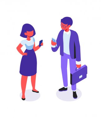 Telefon vektörü izometrik karakterli iş adamı ve iş kadını.