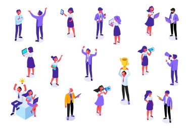 İsomeric iş adamları vektör seti. Ofis hayatı, takım. Büyük fikir. Kutlama, iş başarısı. Beyaz arka planda yalıtılmış düz vektör karakterleri.