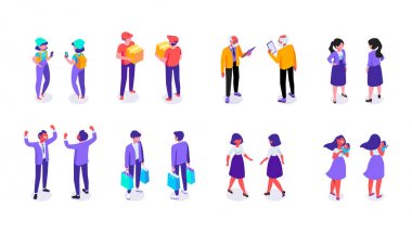 Farklı izometrik insanlar, erkek ve kadın 3d - ön ve arka görünüm. Beyaz arka planda yalıtılmış vektör düz illüstrasyon.