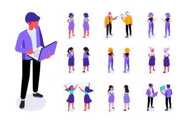 Laptop olan adam. Farklı izometrik insanlar, erkek ve kadın 3D-ön ve arka görünüm. Vektör düz Illustration beyaz arka planda izole.