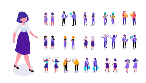 Walking woman.Different isometric people, men and women 3D - front and back view. Vector flat illustration isolated on white background.