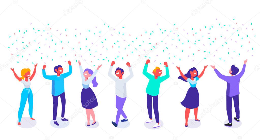Happy positive young people have fun together. Celebration.JoyfulI isometric people with raised hands.  Flat cartoon style. Vector illustration. 