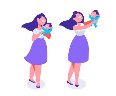 Çocuk izometrik karakteri olan mutlu anne. Beyaz üzerinde izole düz karikatür karakterler.