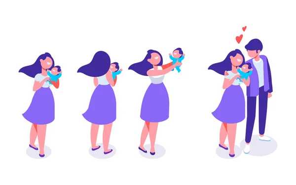 Glückliches Paar Isometrische Zeichen Glückliche Eltern Mit Kind Flache Comicfiguren — Stockvektor