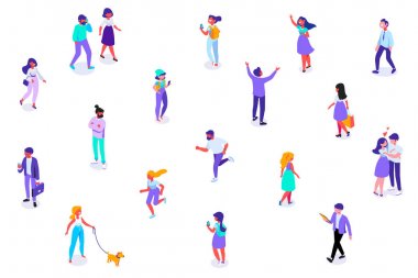 Farklı izomerik insanlar vektör set beyaz izole. Yürüyen insanlar. İnsanlar kalabalık.