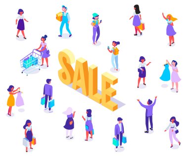 Büyük satış. İzometrik Insanlar vektör seti. Müşteriler, alışveriş çantaları ve sepeti ile alıcılar. Online alışveriş, online sipariş sistemi izometrik kavramı. Beyaz üzerinde yalıtılmış düz vektör karakterleri