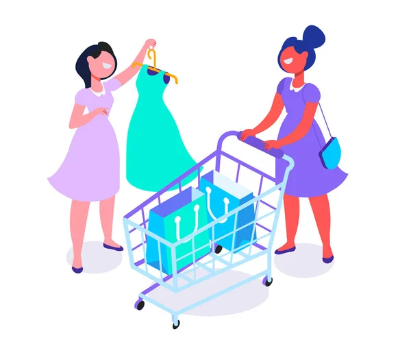 Alışveriş Arabası Ile Izometrik Mutlu Genç Kadınlar Arkadaşlar Alışveriş Birlikte — Stok Vektör