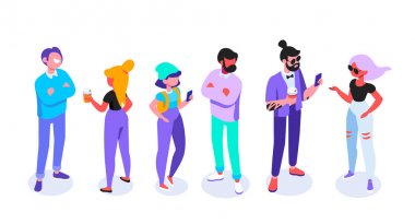 Rahat giysiler izometrik set mutlu genç insanlar. Modern şehir halkı. Arkadaşlar, öğrenciler. Iletişim. İnsanlar konuşuyor. Düz karikatür tarzı. Beyaz üzerinde izole vektör izometrik karakterler.