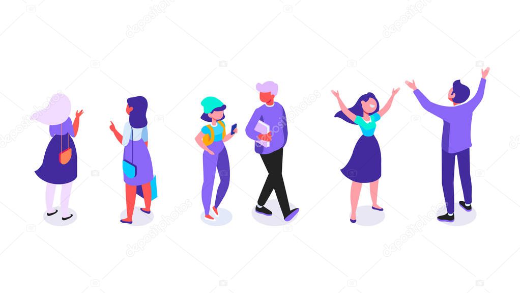 Happy young people isometric set. Friends. Communication. People talking. Flat cartoon style. Vector isometric characters isolated on white.Keywords language: English