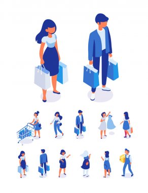 Isometrik Kişiler vektör seti. Müşteriler, alışveriş çantaları ve alışveriş sepeti ile alıcılar. Büyük satış. Süpermarket. Beyaz üzerinde yalıtılmış düz vektör karakterleri