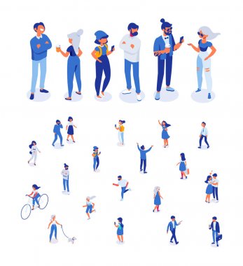 Farklı isomeric insanlar vektör kümesi beyaz izole ayarlayın. Yürüyen insanlar. İnsanlar kalabalık.