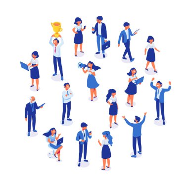 İsomeric iş adamları vektör seti. Ofis hayatı, takım. Büyük fikir. Kutlama, iş başarısı. Beyaz arka planda yalıtılmış düz vektör karakterleri.