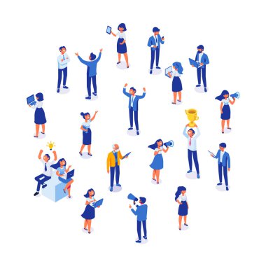 İsomeric iş adamları vektör seti. Ofis hayatı, takım. Büyük fikir. Kutlama, iş başarısı. Beyaz arka planda yalıtılmış düz vektör karakterleri.