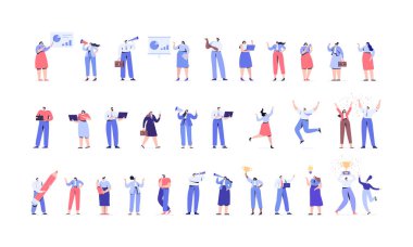 İş adamları vektör seti. İş ekibi. Takım çalışması, beyin fırtınası. Başarı. Erkekler ve kadınlar. Beyaz üzerinde yalıtılmış düz vektör karakterleri. 