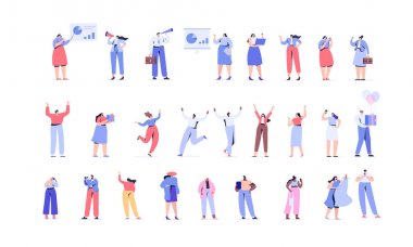 Erkekler ve kadınlar kiti. Gençler vektör seti. Kalabalık. Farklı insanlar. Beyaz arka planda yalıtılmış düz vektör karakterleri.