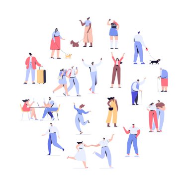 Kalabalık insanlar daire şeklinde düzenlenmiştir. Erkekler ve kadınlar kiti. Farklı yürüyen ve koşan insanlar. Açık. Erkek ve kadın. Beyaz arka planda yalıtılmış düz vektör karakterleri.