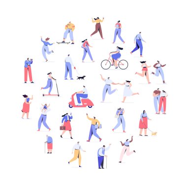 Kalabalık insanlar daire şeklinde düzenlenmiştir. Erkekler ve kadınlar kiti. Farklı yürüyen ve koşan insanlar. Açık. Erkek ve kadın. Beyaz arka planda yalıtılmış düz vektör karakterleri.