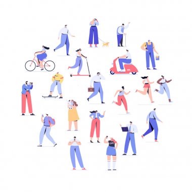 Kalabalık insanlar daire şeklinde düzenlenmiştir. Erkekler ve kadınlar kiti. Farklı yürüyen ve koşan insanlar. Açık. Erkek ve kadın. Beyaz arka planda yalıtılmış düz vektör karakterleri.