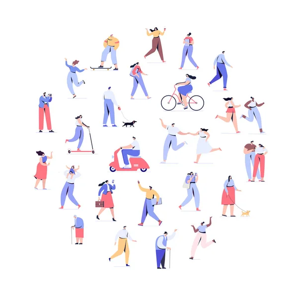 Menschenmenge Kreisform Angeordnet Männer Und Frauen Verschiedene Wandelnde Und Laufende — Stockvektor