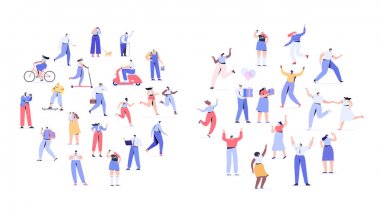 Kalabalık insanlar daire şeklinde düzenlenmiştir. Erkekler ve kadınlar kiti. Farklı yürüyen ve koşan insanlar. Açık. Erkek ve kadın. Beyaz arka planda yalıtılmış düz vektör karakterleri.