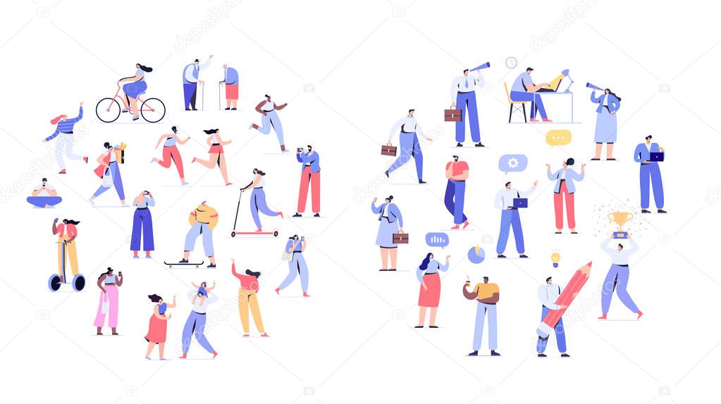 Crowd of people arranged in circle shape. Men and women kit. Different walking and running people. Outdoor. Business people. Flat vector characters isolated on white background.