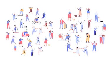 Kalabalık insanlar daire şeklinde düzenlenmiştir. Erkekler ve kadınlar kiti. Farklı yürüyen ve koşan insanlar. Açık. Erkek ve kadın. Beyaz arka planda yalıtılmış düz vektör karakterleri.