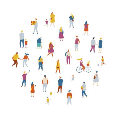 Kalabalık insanlar daire şeklinde düzenlenmiştir. Erkekler ve kadınlar kiti. Farklı yürüyen ve koşan insanlar. Açık. Erkek ve kadın. Beyaz arka planda yalıtılmış düz vektör karakterleri.