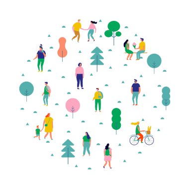 Yaz parkı daire şeklinde düzenlenmiştir. Mutlu insanlar yürüyor, koşuyor, bisiklete biniyor. Açık hava aktivitesi. Erkek ve kadın. Beyaz arka planda yalıtılmış düz vektör çizimi. 