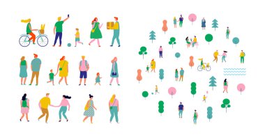 Kalabalık insanlar daire şeklinde düzenlenmiştir. Erkekler ve kadınlar kiti. Farklı yürüyen ve koşan insanlar. Açık. Erkek ve kadın. Beyaz arka planda yalıtılmış düz vektör karakterleri.