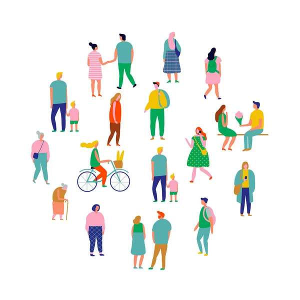 人群以圆形排列 男人和女人套件 不同的步行和跑步的人 男性和女性 在白色背景上隔离的平面矢量字符 — 图库矢量图片