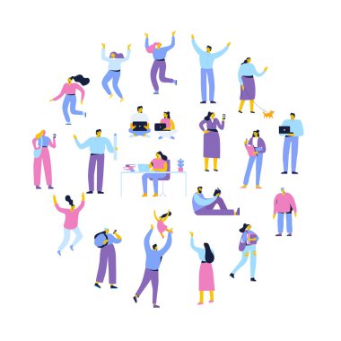 Kalabalık insanlar. Erkekler ve kadınlar düz vektör seti. Farklı yürüyen ve koşan insanlar. Açık. Erkek ve kadın. Beyaz arka planda yalıtılmış düz vektör karakterleri.