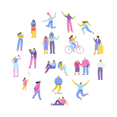 Kalabalık insanlar. Erkekler ve kadınlar düz vektör seti. Farklı yürüyen ve koşan insanlar. Açık. Erkek ve kadın. Beyaz arka planda yalıtılmış düz vektör karakterleri.