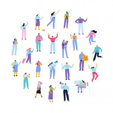 Kalabalık insanlar. Erkekler ve kadınlar düz vektör seti. Farklı yürüyen ve koşan insanlar. Açık. Erkek ve kadın. Beyaz arka planda yalıtılmış düz vektör karakterleri.