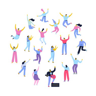 Dostluk. Mutlu gençler. Erkekler ve kadınlar düz vektör seti. Erkek ve kadın eğlenir. Beyaz arka planda yalıtılmış düz vektör karakterleri.