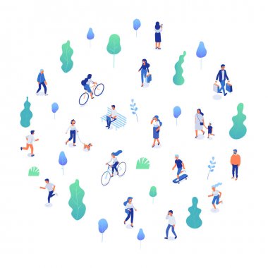 Erkek ve kadın parkta açık hava aktivitesi var. Farklı isomeric insanlar vektör kümesi beyaz izole ayarlayın. Köpekle yürümek, bisiklete binmek ve kaykay sürmek, parkta bankta oturmak.