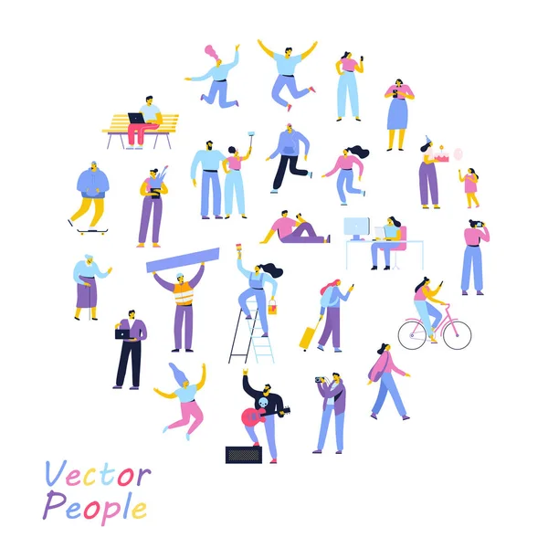 Crowd of people. Men and women flat vector set. Different walking and running people. Outdoor. Male and female. Flat vector characters isolated on white background.