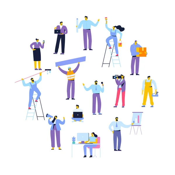 People of different occupations. Professions. ourier, painter, teacher, fireman, businessman, teacher, presenter, programmer etc . Flat vector characters