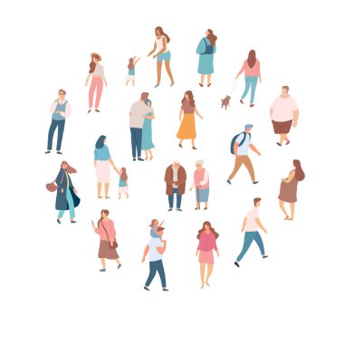 Kalabalık insanlar. Erkekler ve kadınlar düz vektör seti. Farklı yürüyen ve koşan insanlar. Açık. Erkek ve kadın. Beyaz arka planda yalıtılmış düz vektör karakterleri.
