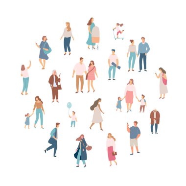Kalabalık insanlar. Erkekler ve kadınlar düz vektör seti. Farklı yürüyen ve koşan insanlar. Açık. Erkek ve kadın. Beyaz arka planda yalıtılmış düz vektör karakterleri.