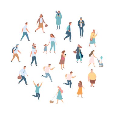 Kalabalık insanlar. Erkekler ve kadınlar düz vektör seti. Farklı yürüyen ve koşan insanlar. Açık. Erkek ve kadın. Beyaz arka planda yalıtılmış düz vektör karakterleri.