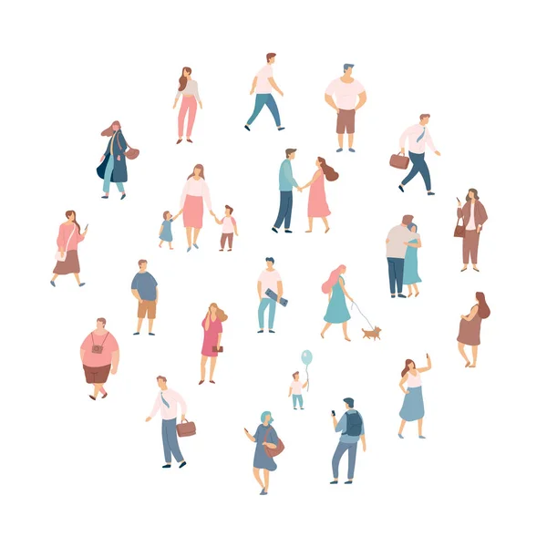 Crowd of people. Men and women flat vector set. Different walking and running people. Outdoor. Male and female. Flat vector characters isolated on white background.