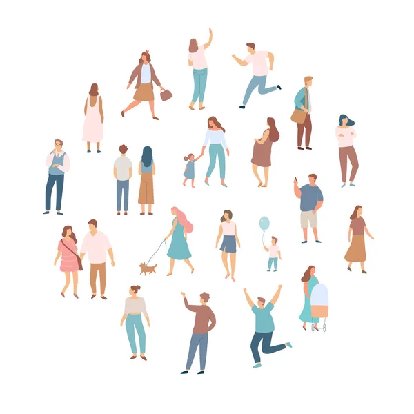 Crowd of people. Men and women flat vector set. Different walking and running people. Outdoor. Male and female. Flat vector characters isolated on white background.