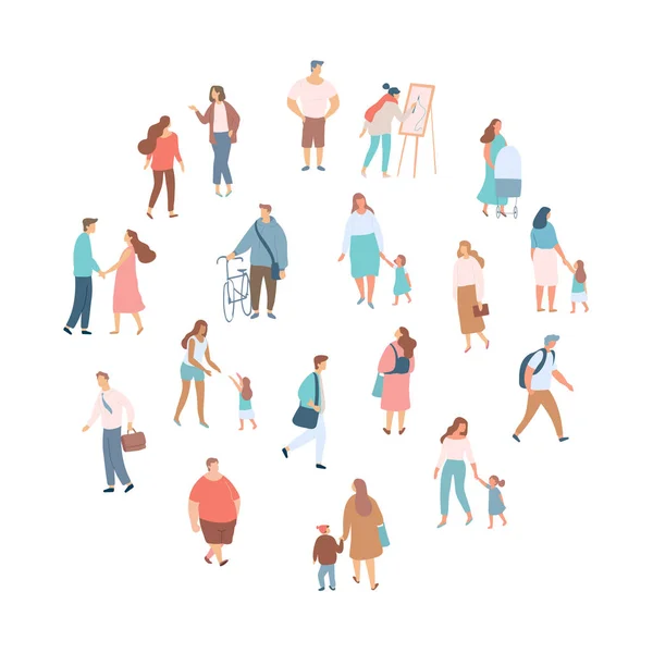 Crowd of people. Men and women flat vector set. Different walking and running people. Outdoor. Male and female. Flat vector characters isolated on white background.